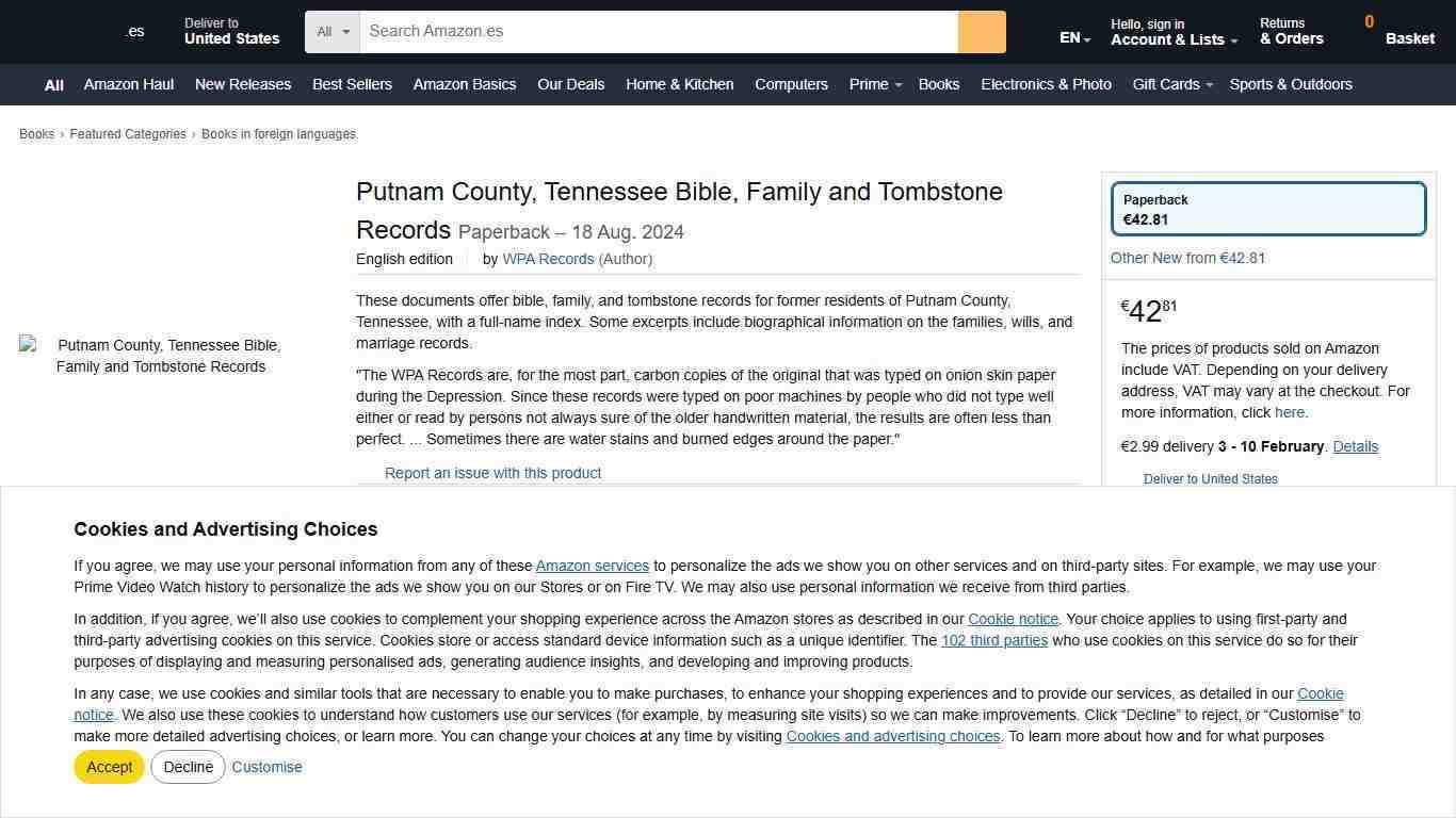 Putnam County, Tennessee Bible, Family and Tombstone Records : WPA Records: Amazon.es: Books